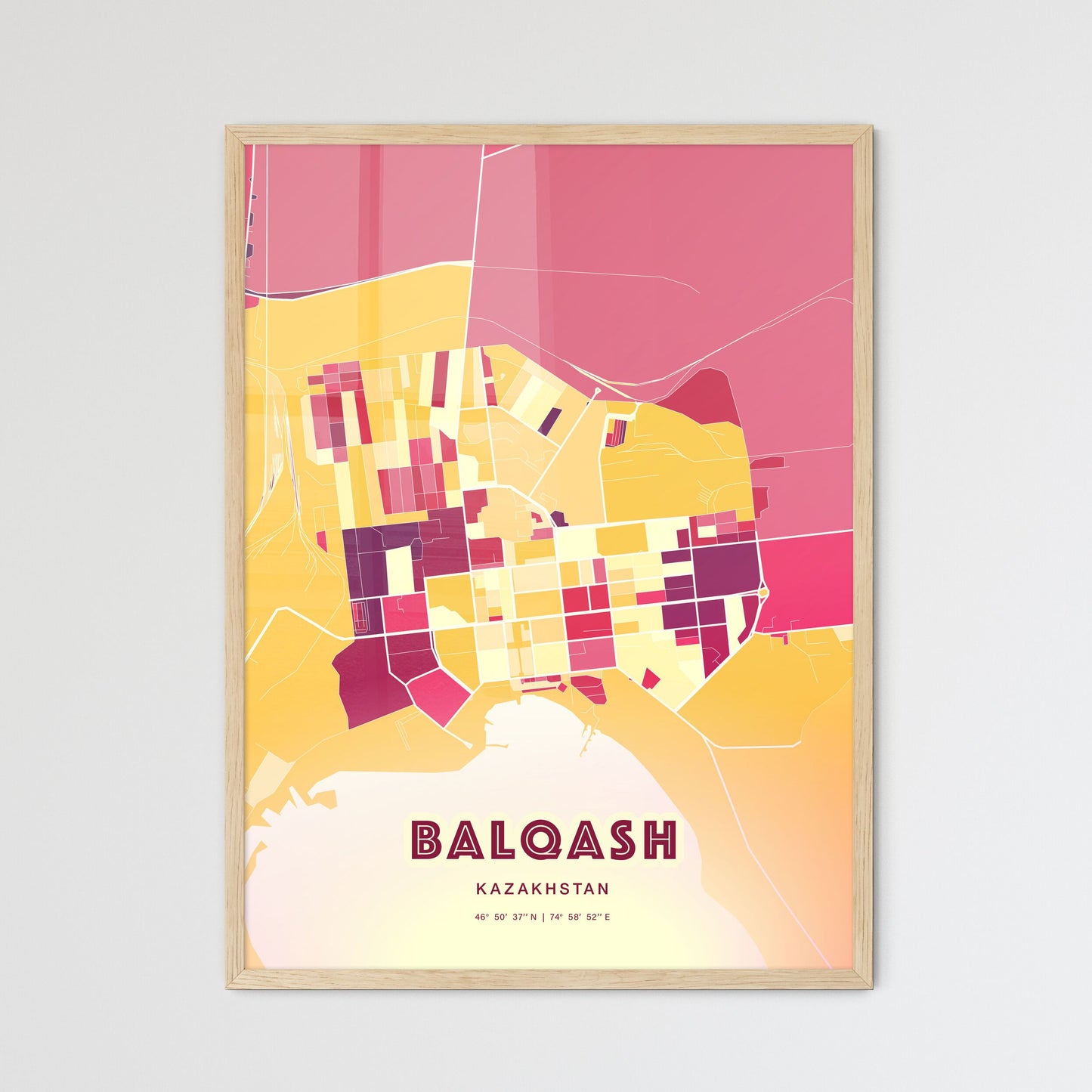 Colorful BALQASH KAZAKHSTAN Fine Art Map Hot Red