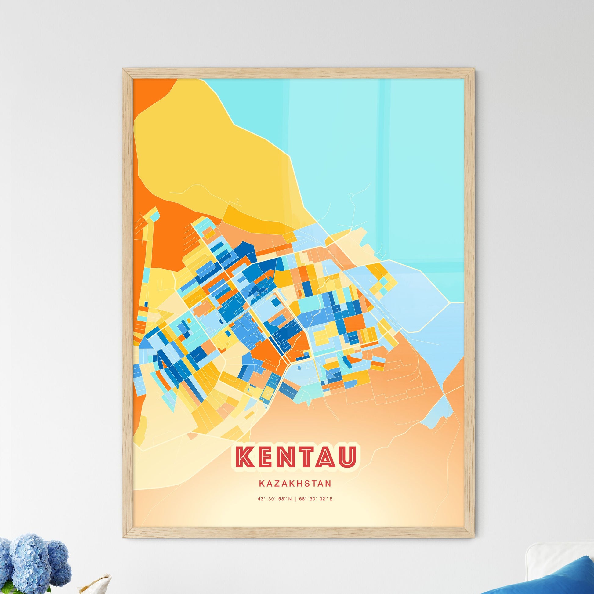 Colorful KENTAU KAZAKHSTAN Fine Art Map Blue Orange