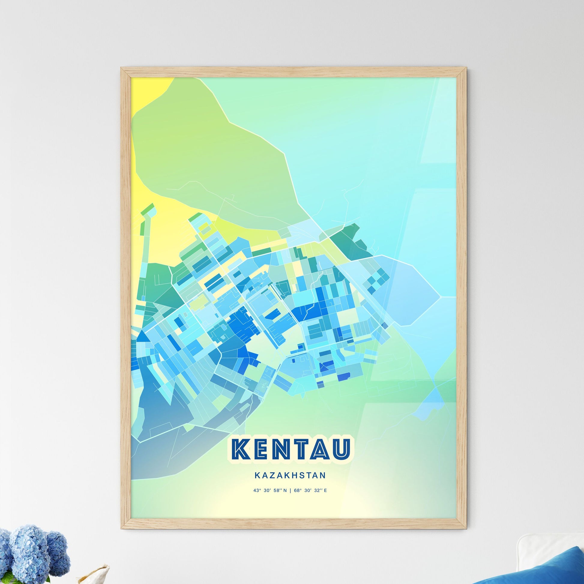 Colorful KENTAU KAZAKHSTAN Fine Art Map Cool Blue