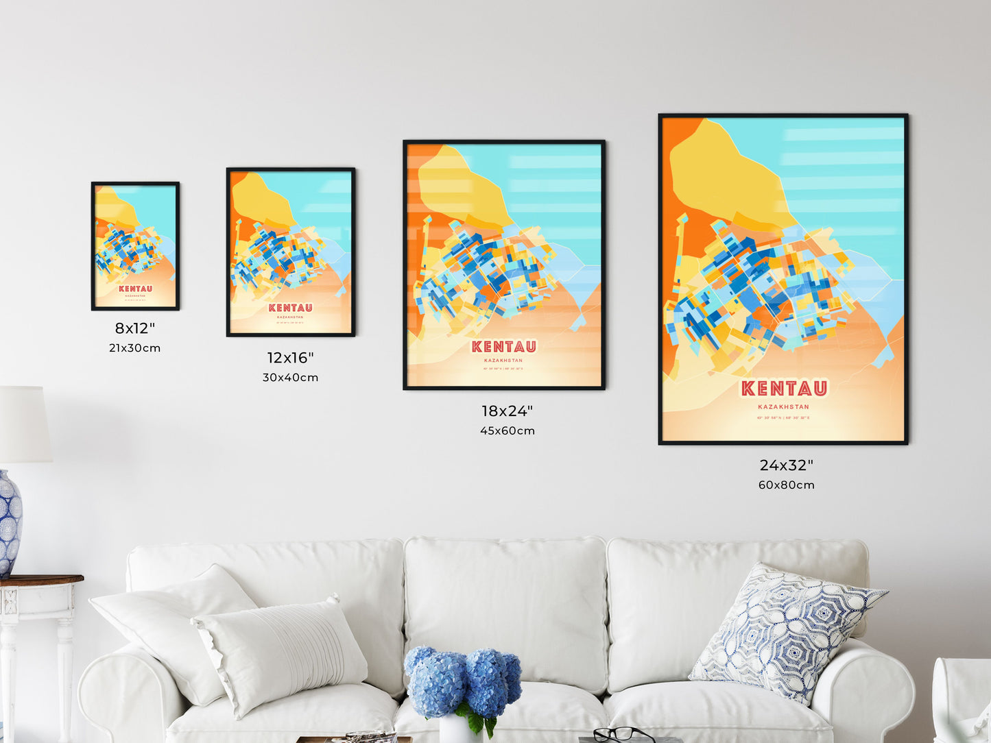 Colorful KENTAU KAZAKHSTAN Fine Art Map Blue Orange