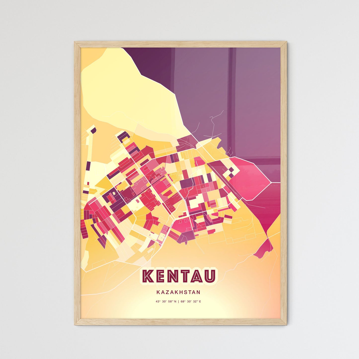 Colorful KENTAU KAZAKHSTAN Fine Art Map Hot Red