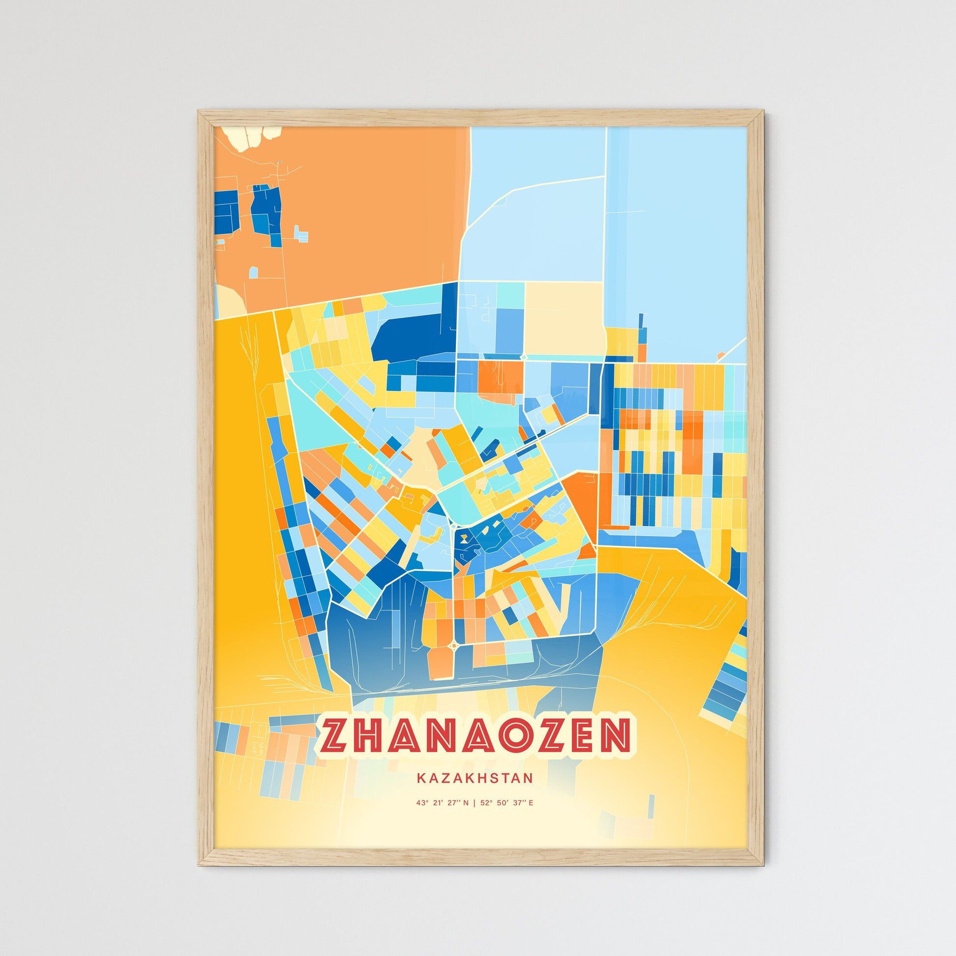 Colorful ZHANAOZEN KAZAKHSTAN Fine Art Map Blue Orange