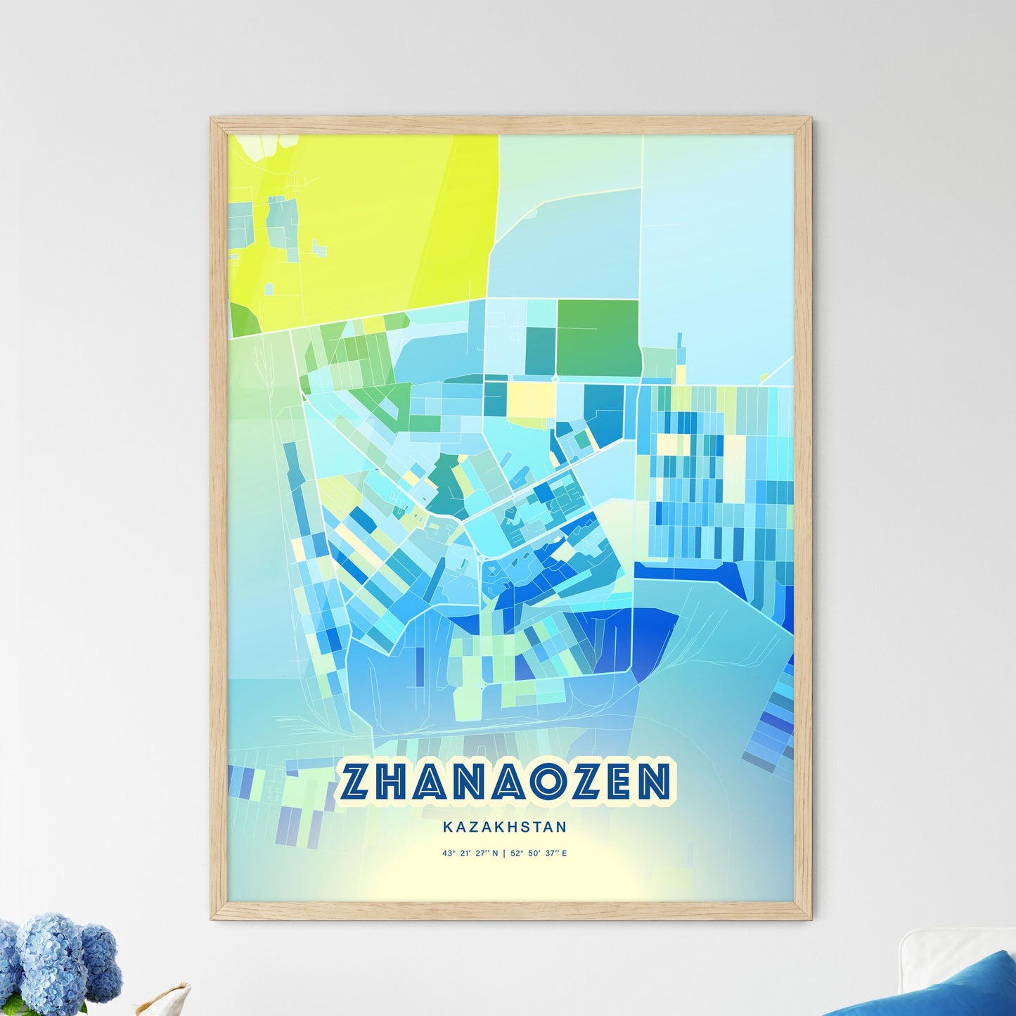 Colorful ZHANAOZEN KAZAKHSTAN Fine Art Map Cool Blue