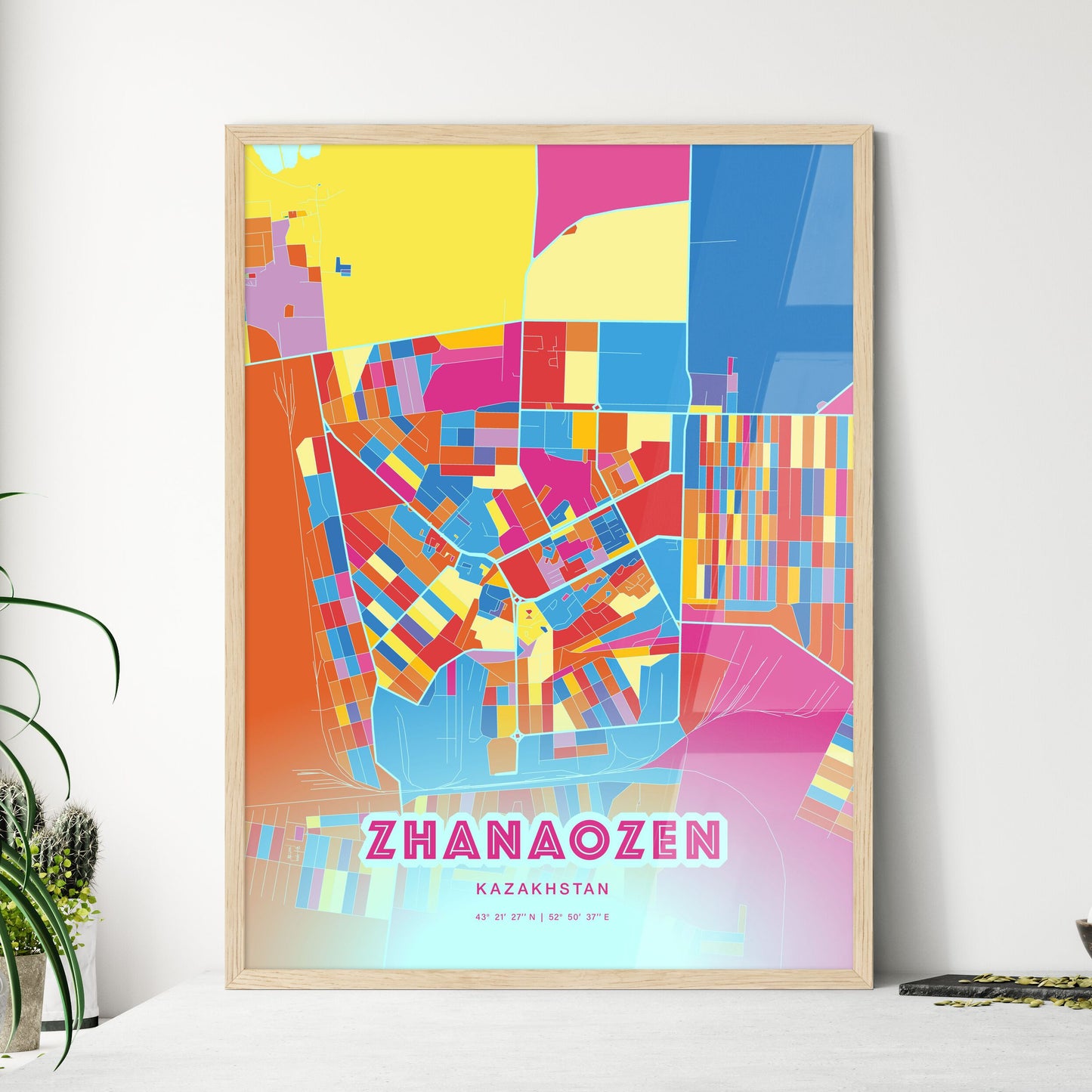 Colorful ZHANAOZEN KAZAKHSTAN Fine Art Map Crazy Colors