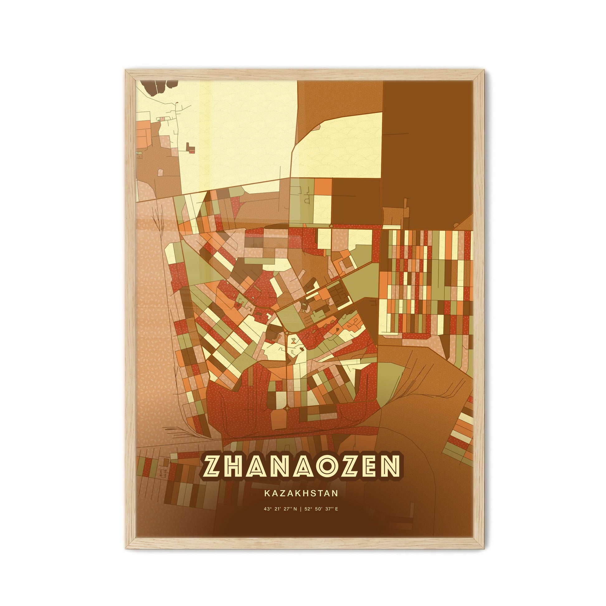 Colorful ZHANAOZEN KAZAKHSTAN Fine Art Map Farmhouse