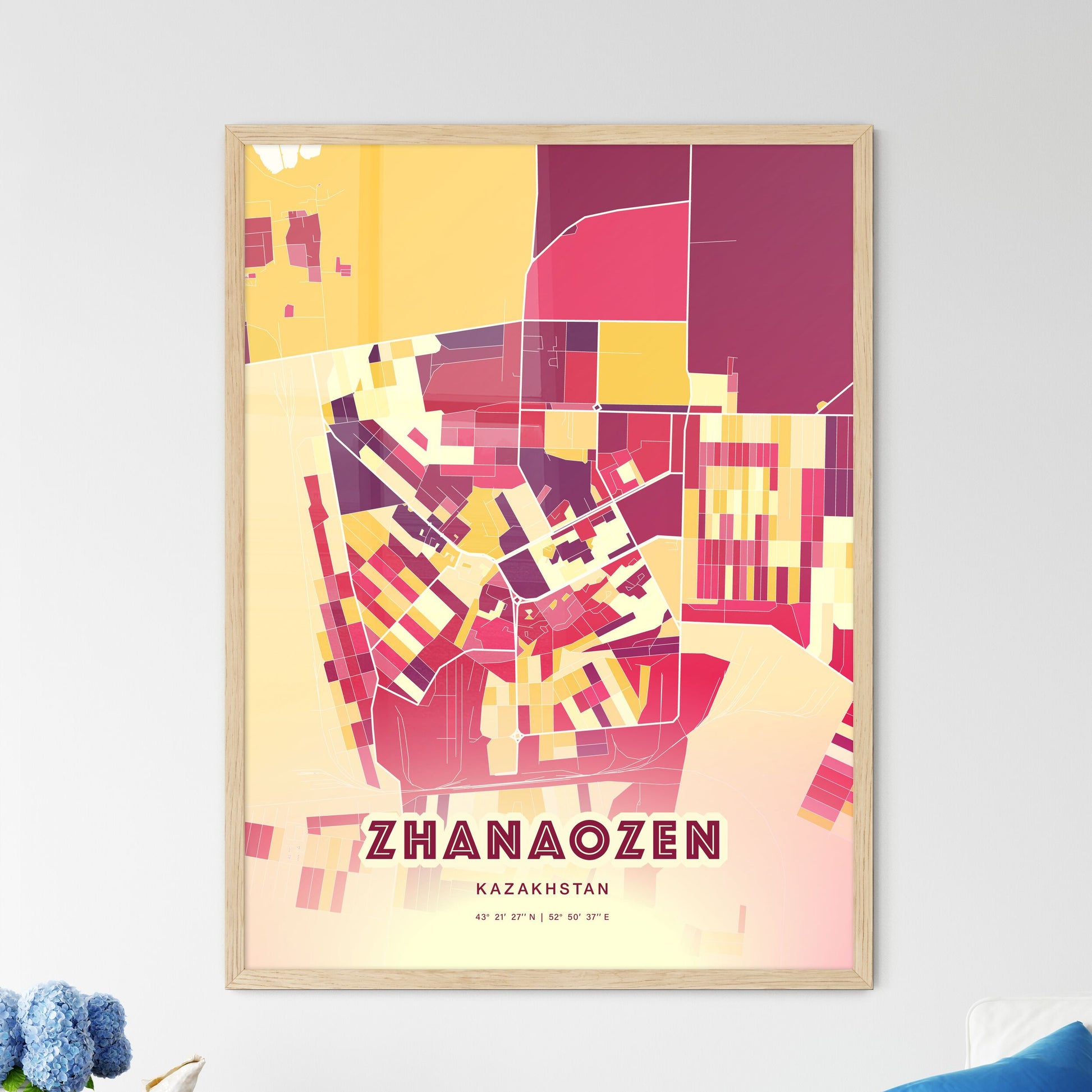 Colorful ZHANAOZEN KAZAKHSTAN Fine Art Map Hot Red