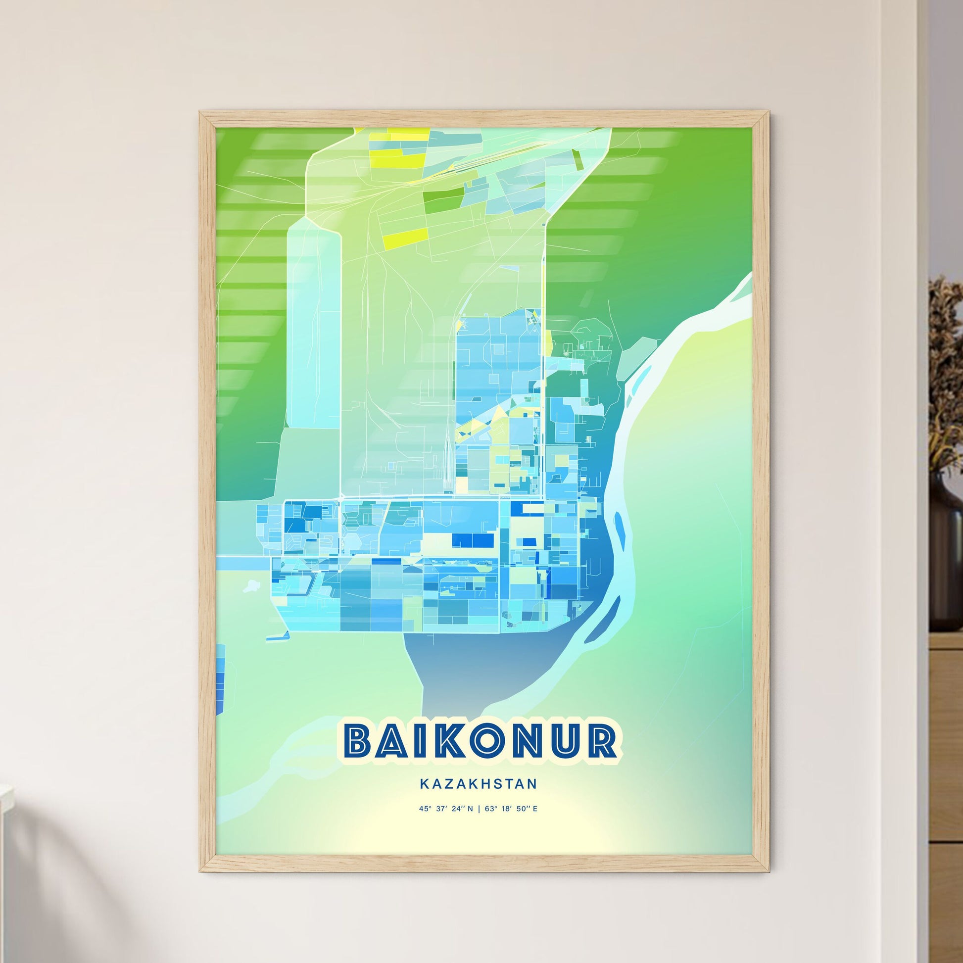 Colorful BAIKONUR KAZAKHSTAN Fine Art Map Cool Blue