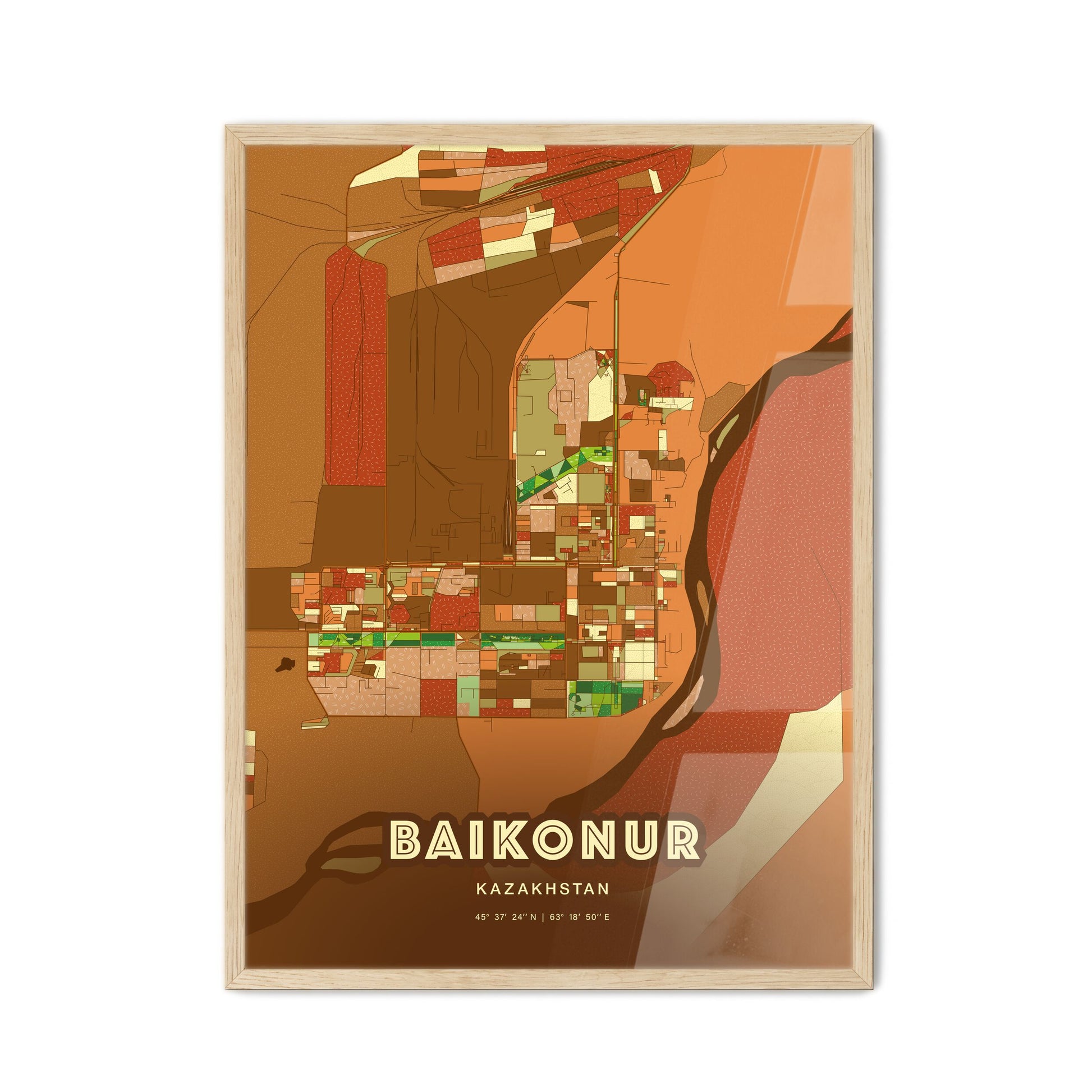 Colorful BAIKONUR KAZAKHSTAN Fine Art Map Farmhouse