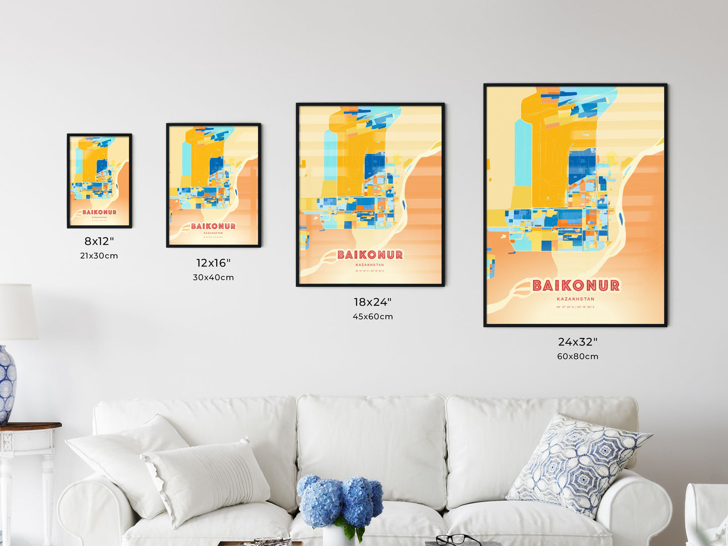 Colorful BAIKONUR KAZAKHSTAN Fine Art Map Blue Orange