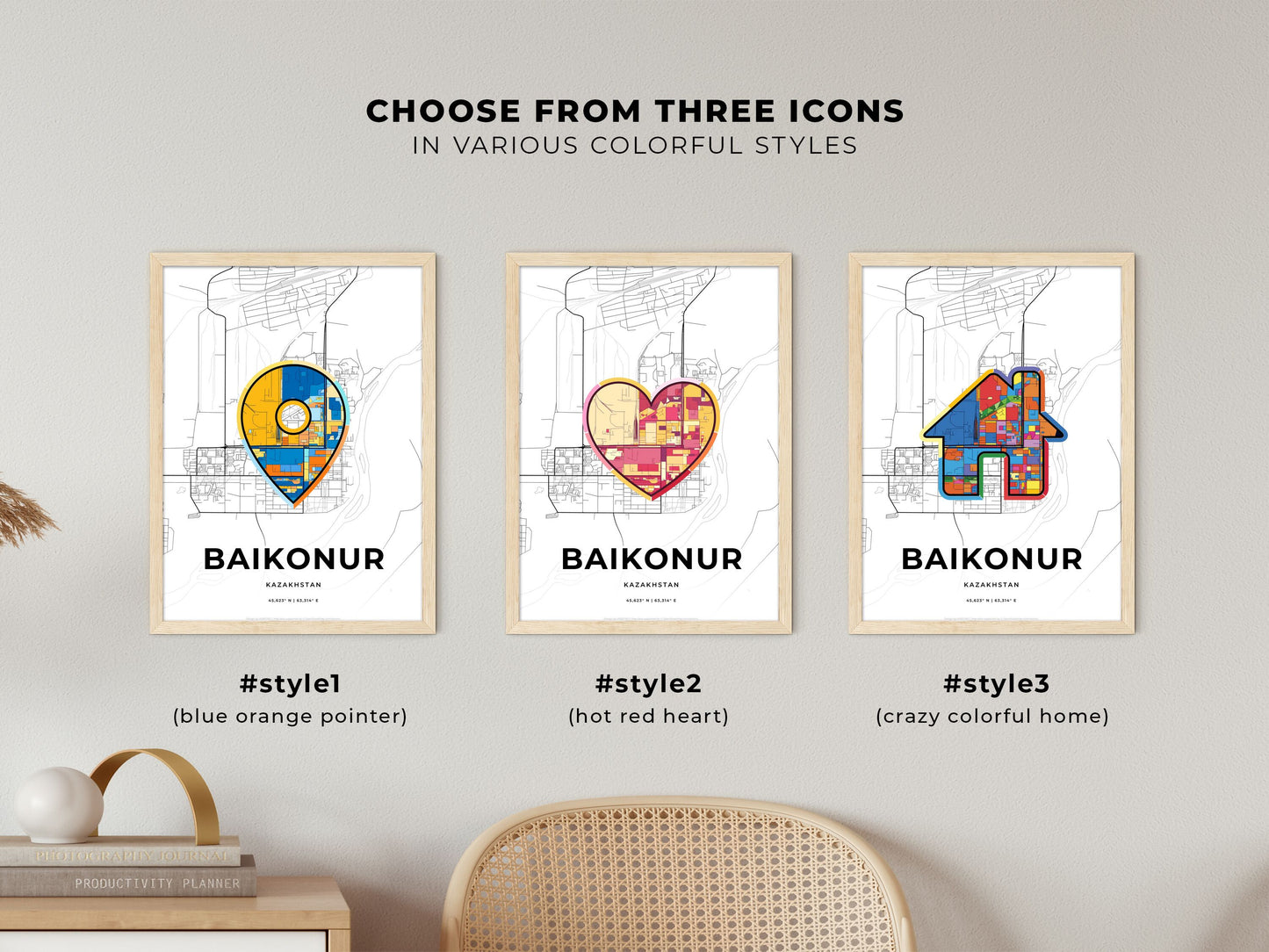 Baikonur Kazakhstan maps with colorful icons