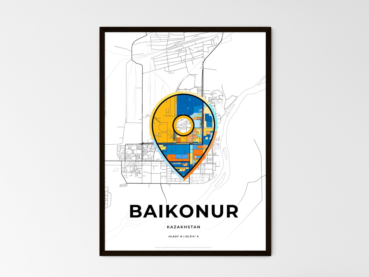 Baikonur Kazakhstan wedding art map with pointer icon