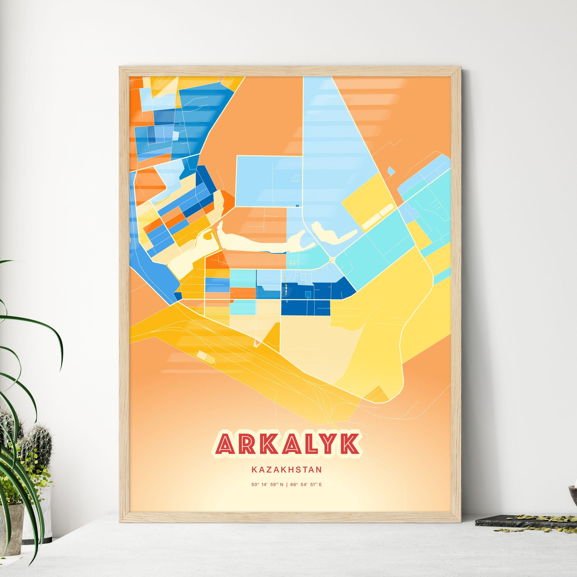 Colorful ARKALYK KAZAKHSTAN Fine Art Map Blue Orange