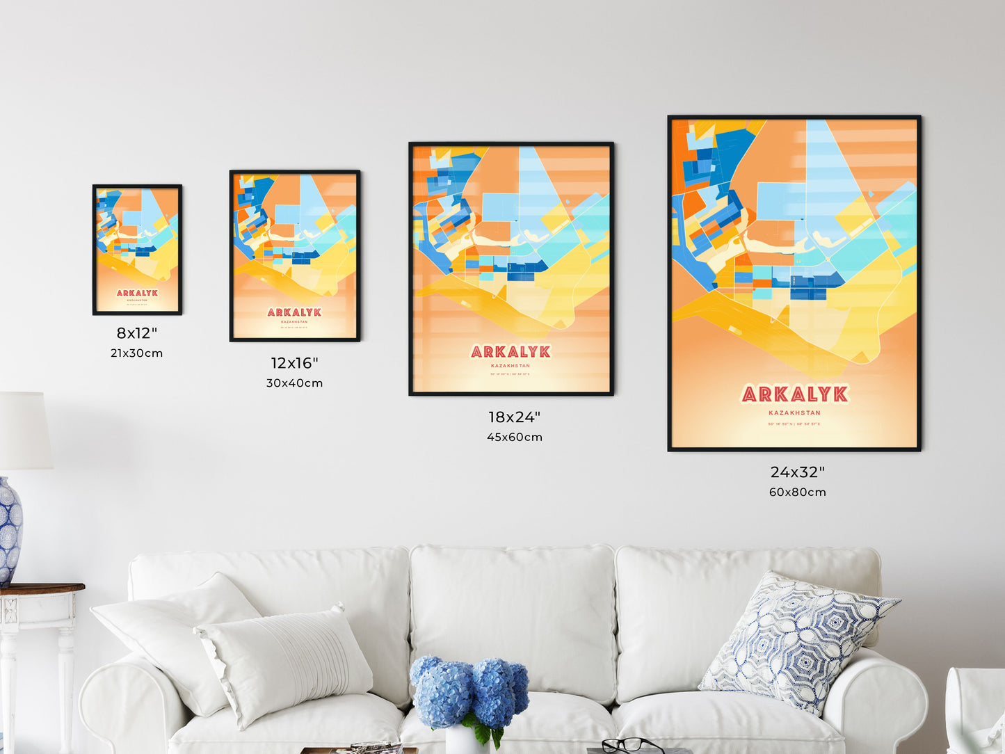 Colorful ARKALYK KAZAKHSTAN Fine Art Map Blue Orange