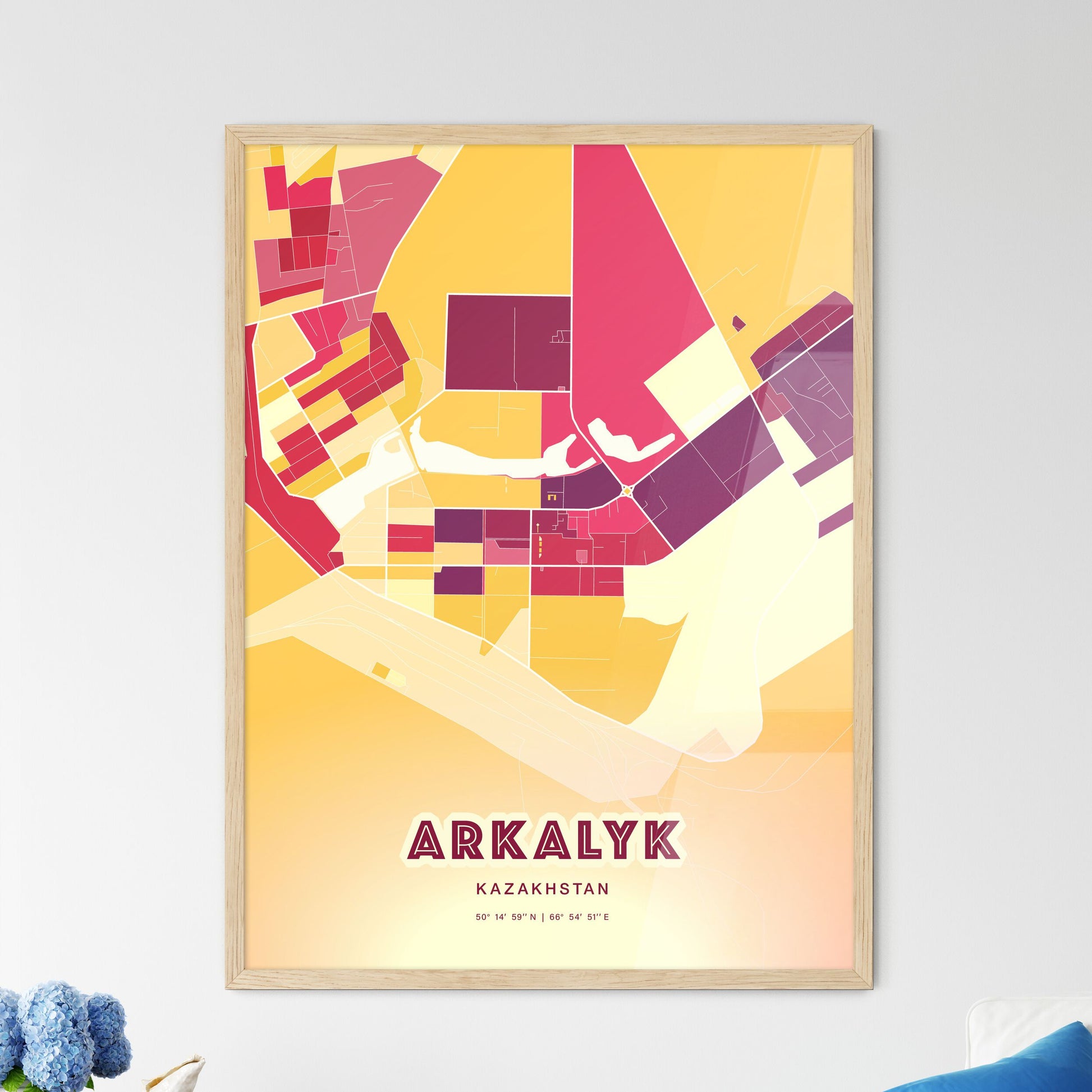 Colorful ARKALYK KAZAKHSTAN Fine Art Map Hot Red