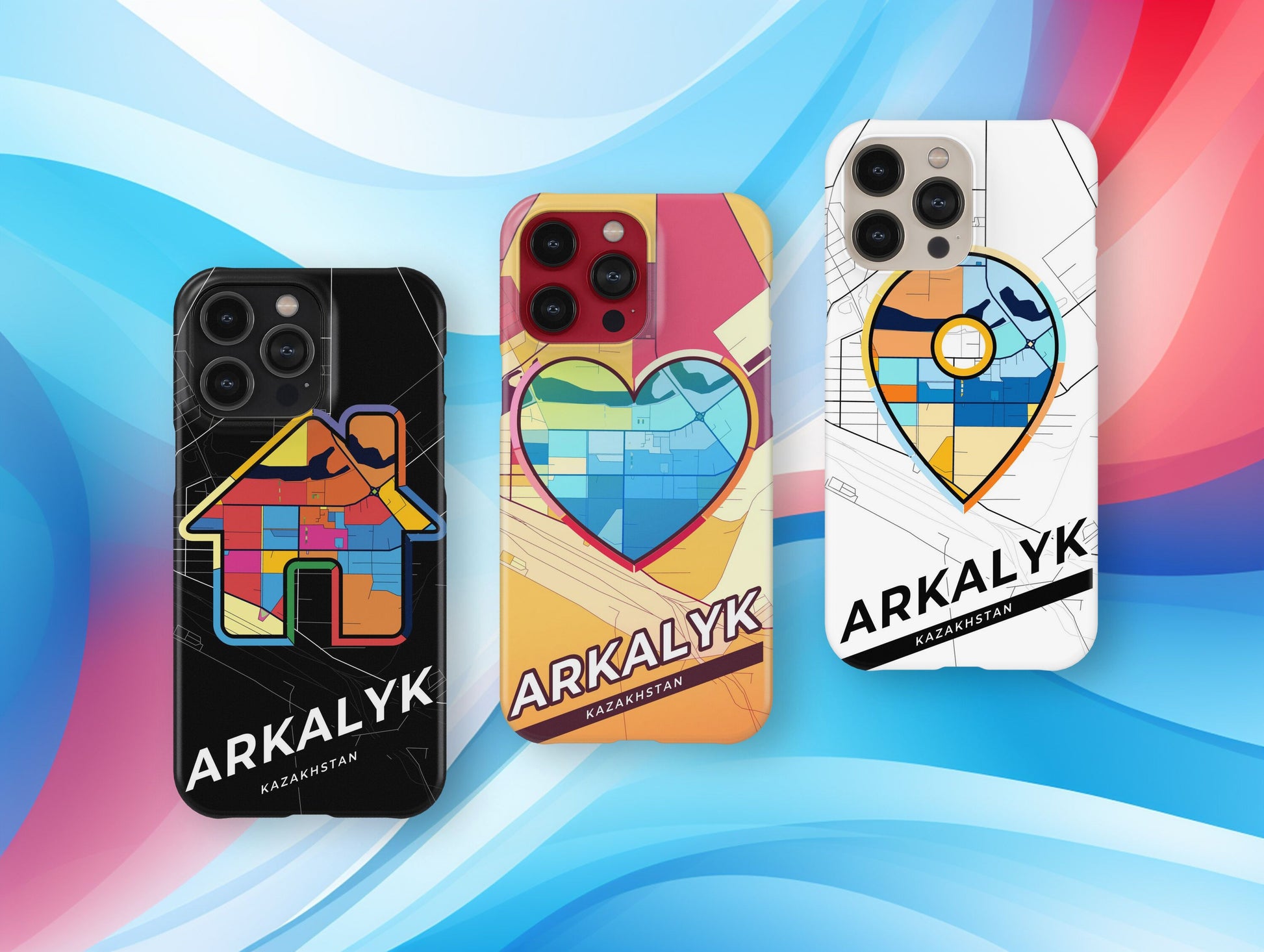 Arkalyk Kazakhstan slim phone case with colorful icon. Birthday, wedding or housewarming gift. Couple match cases.