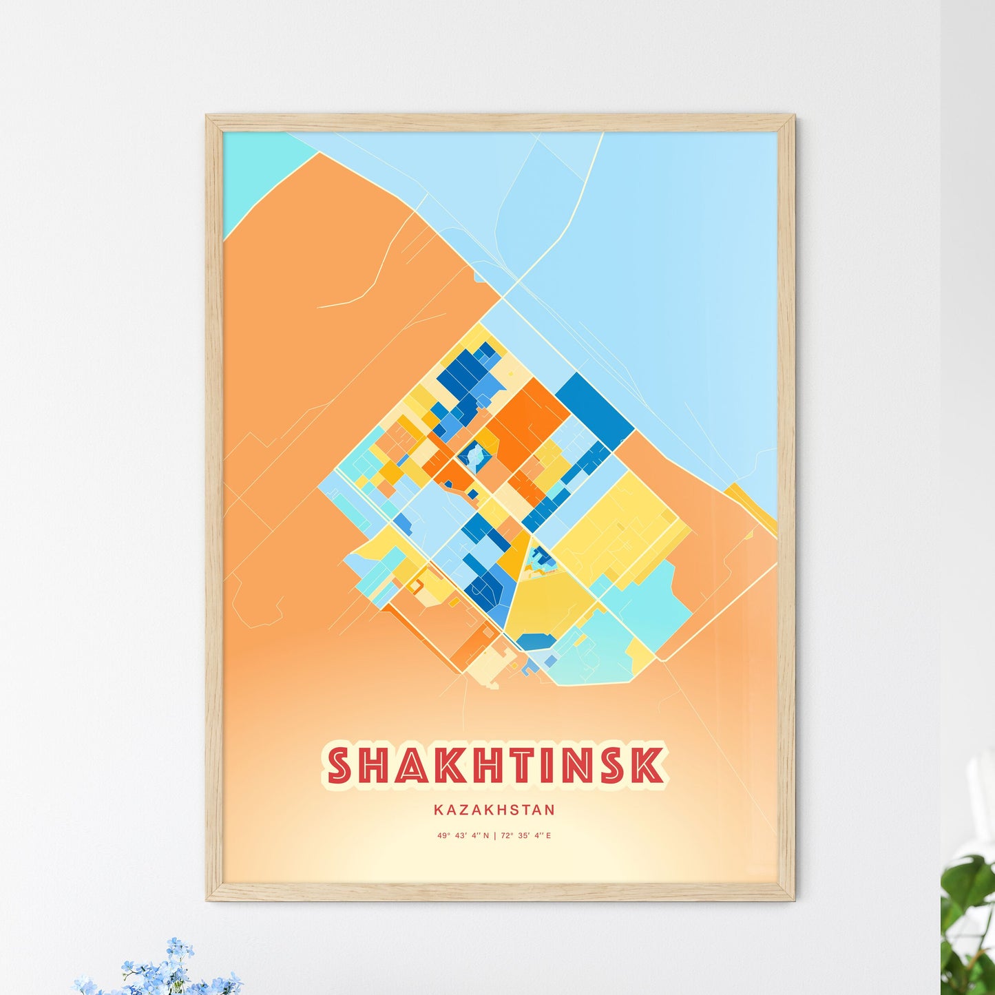 Colorful SHAKHTINSK KAZAKHSTAN Fine Art Map Blue Orange