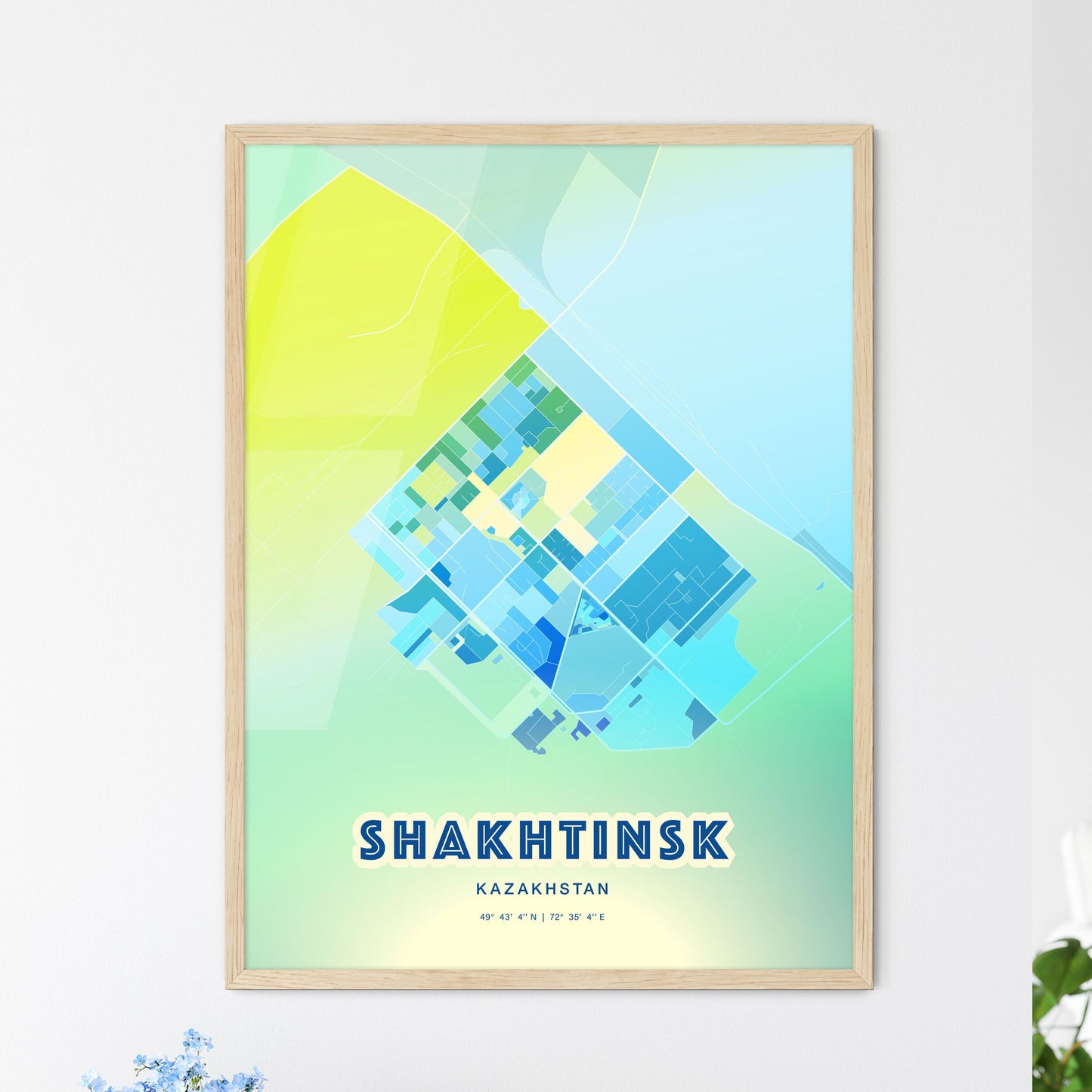 Colorful SHAKHTINSK KAZAKHSTAN Fine Art Map Cool Blue