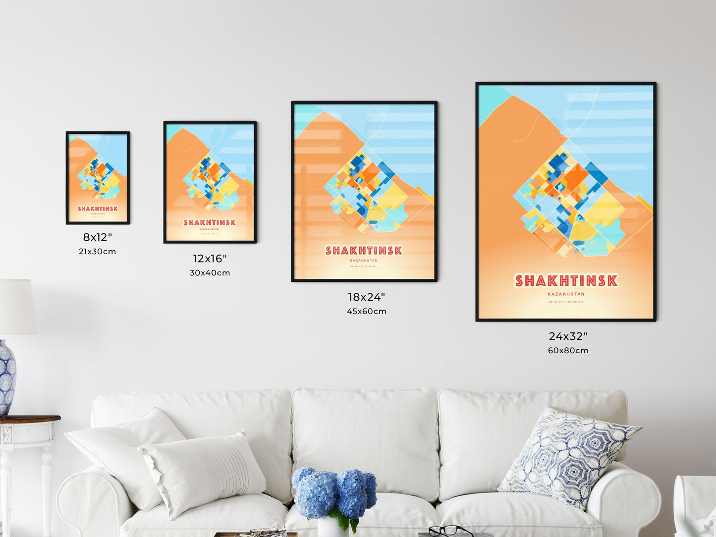 Colorful SHAKHTINSK KAZAKHSTAN Fine Art Map Blue Orange