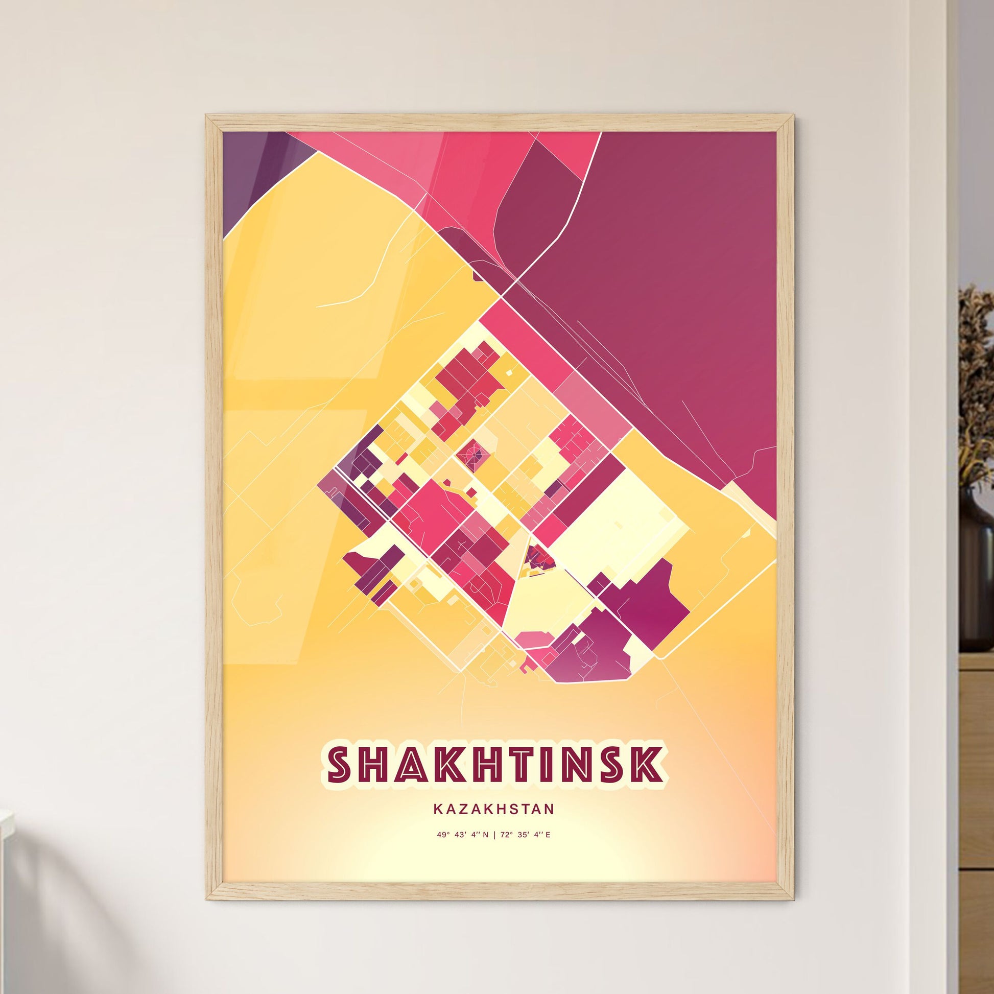 Colorful SHAKHTINSK KAZAKHSTAN Fine Art Map Hot Red