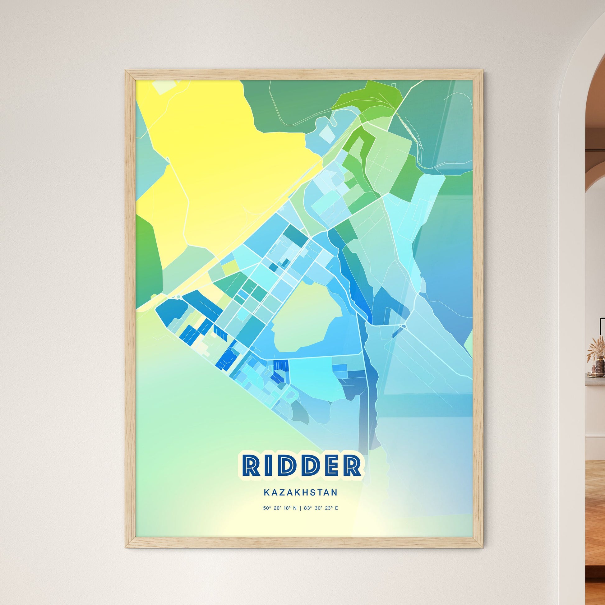 Colorful RIDDER KAZAKHSTAN Fine Art Map Cool Blue