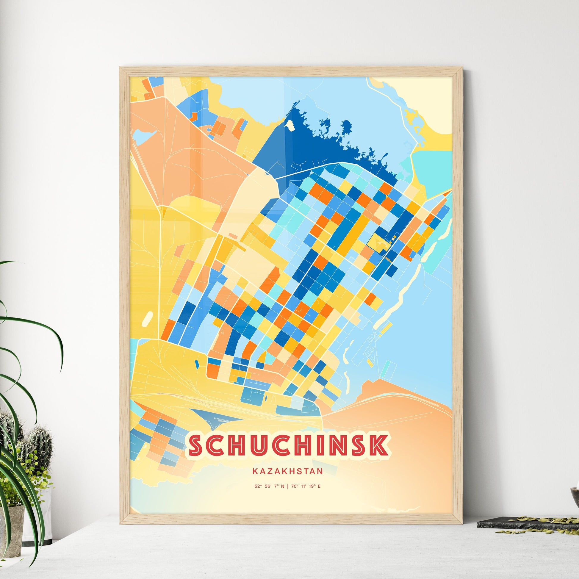 Colorful SCHUCHINSK KAZAKHSTAN Fine Art Map Blue Orange