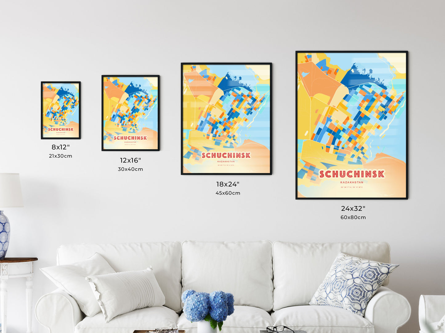 Colorful SCHUCHINSK KAZAKHSTAN Fine Art Map Blue Orange