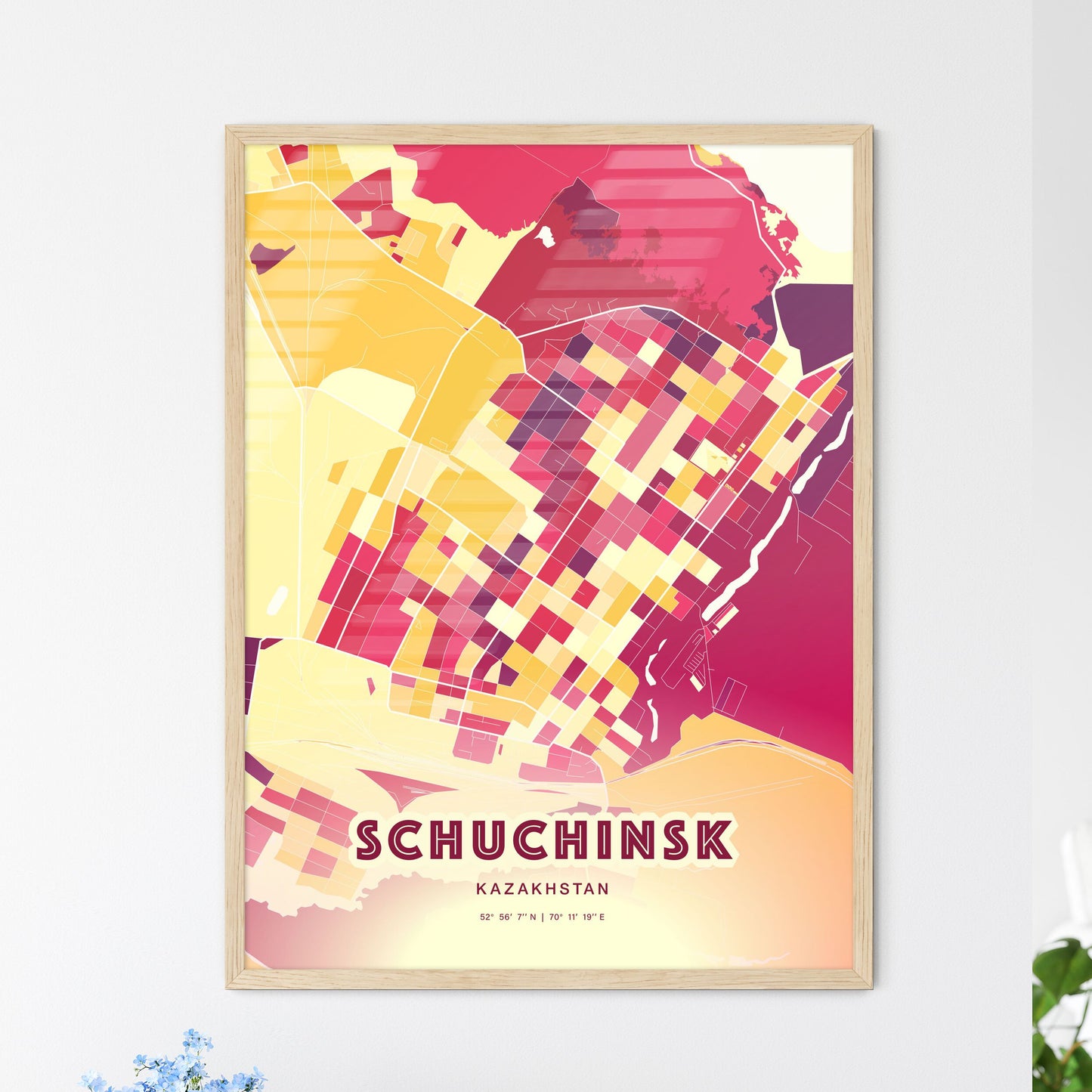 Colorful SCHUCHINSK KAZAKHSTAN Fine Art Map Hot Red