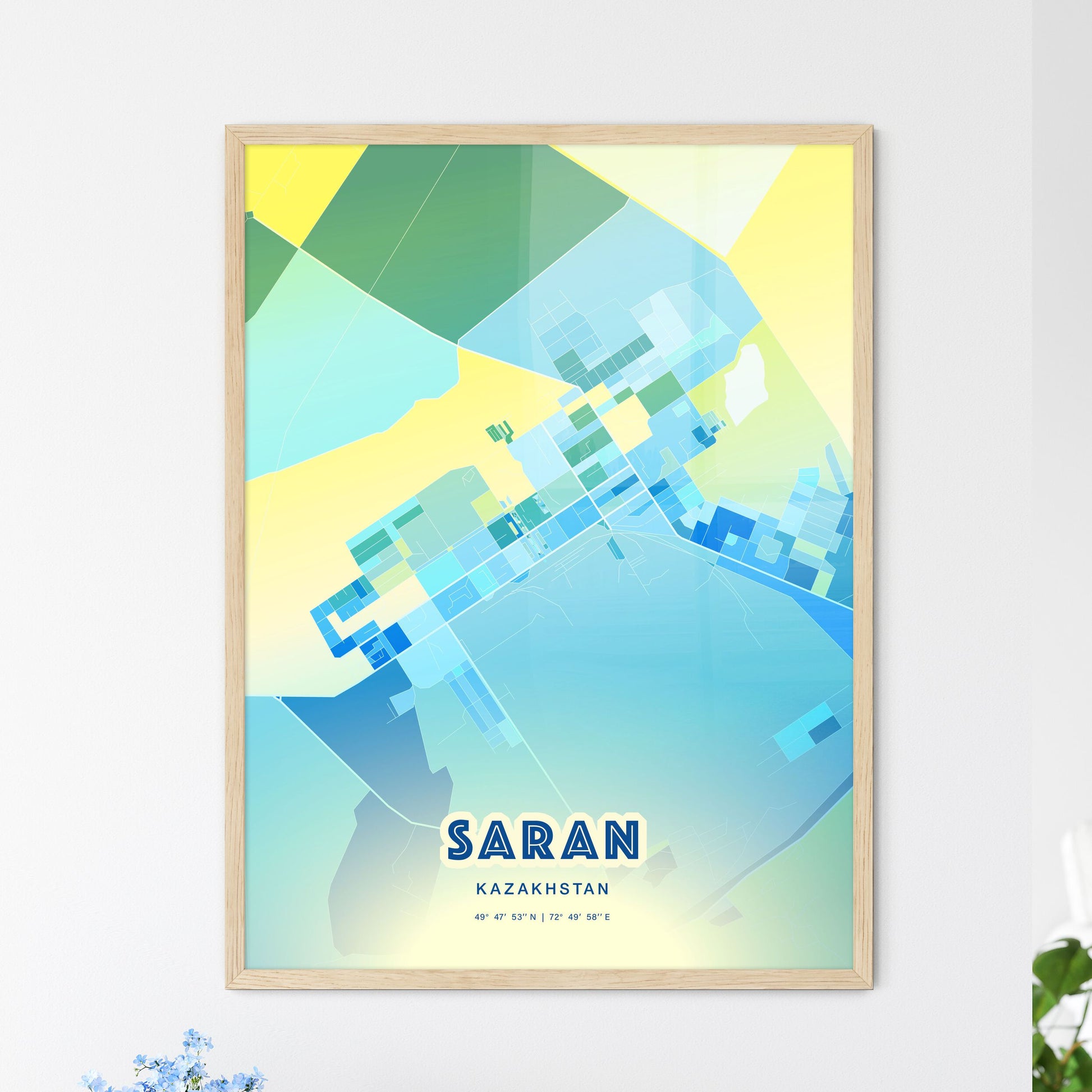 Colorful SARAN KAZAKHSTAN Fine Art Map Cool Blue