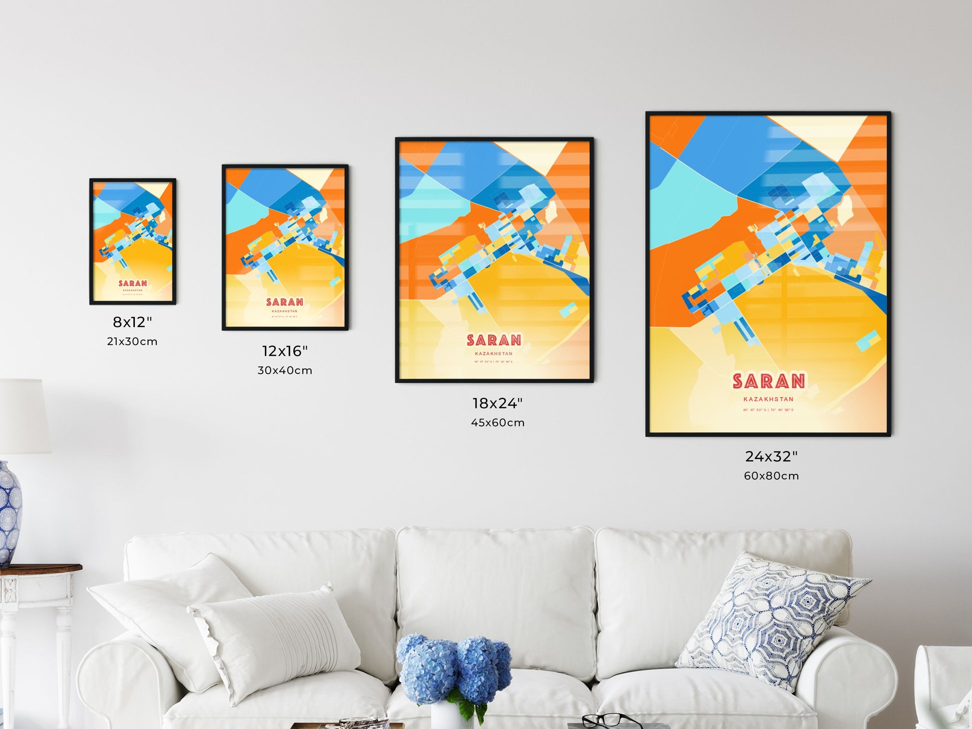 Colorful SARAN KAZAKHSTAN Fine Art Map Blue Orange