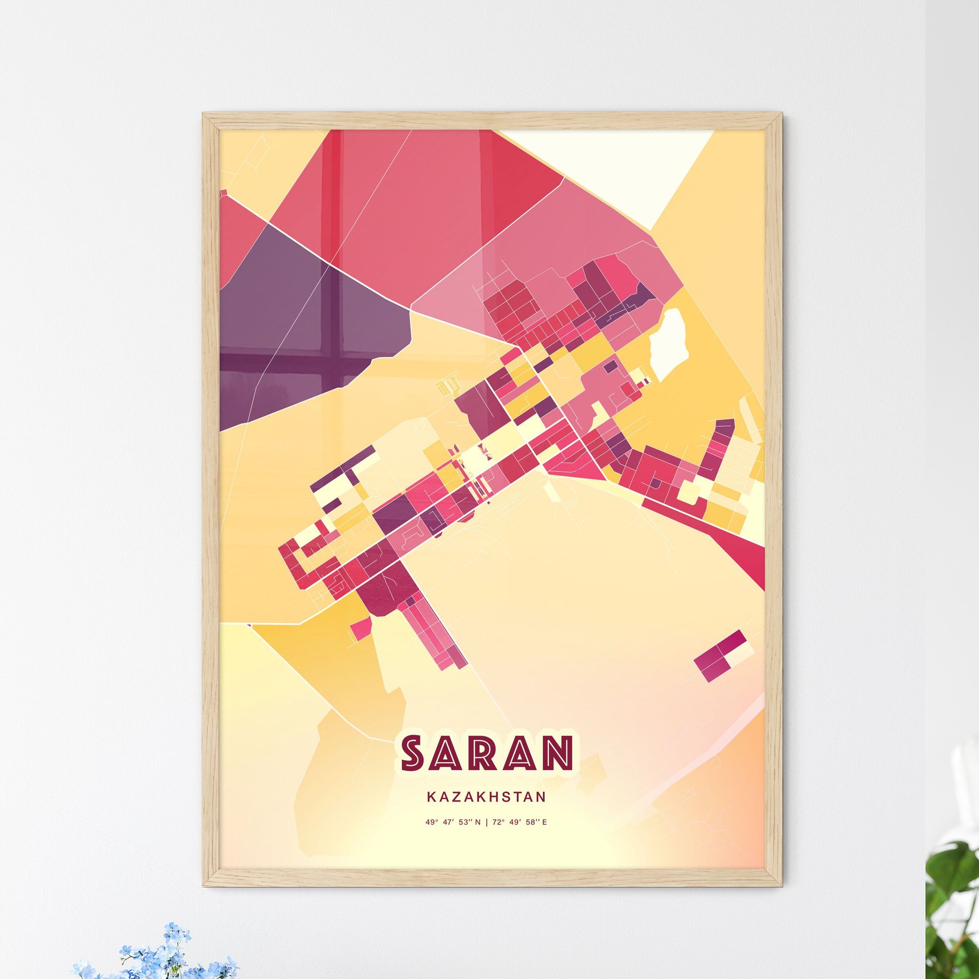 Colorful SARAN KAZAKHSTAN Fine Art Map Hot Red