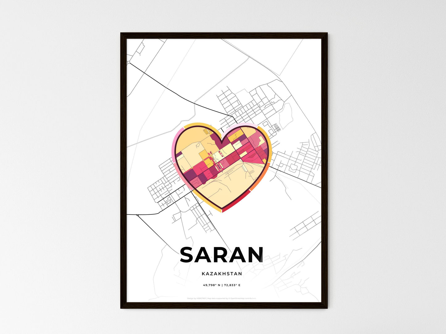 Saran Kazakhstan wedding art map with heart icon