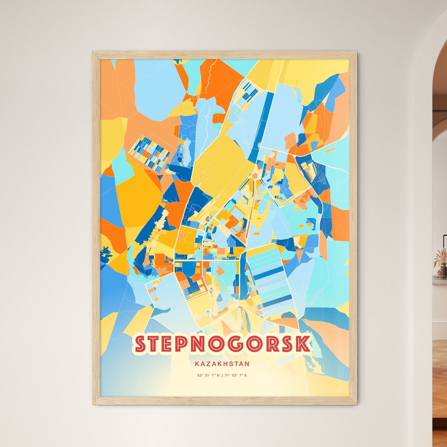 Colorful STEPNOGORSK KAZAKHSTAN Fine Art Map Blue Orange