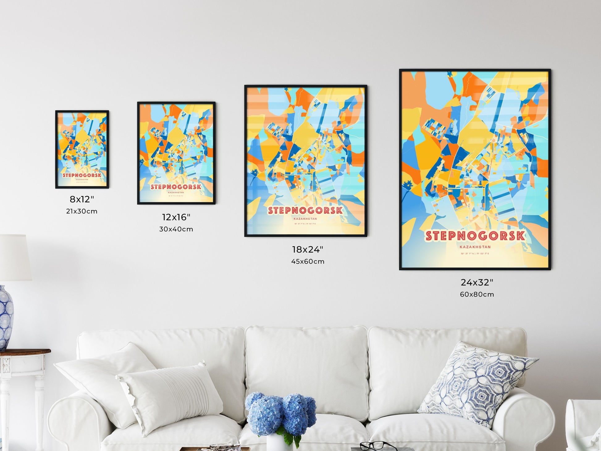 Colorful STEPNOGORSK KAZAKHSTAN Fine Art Map Blue Orange