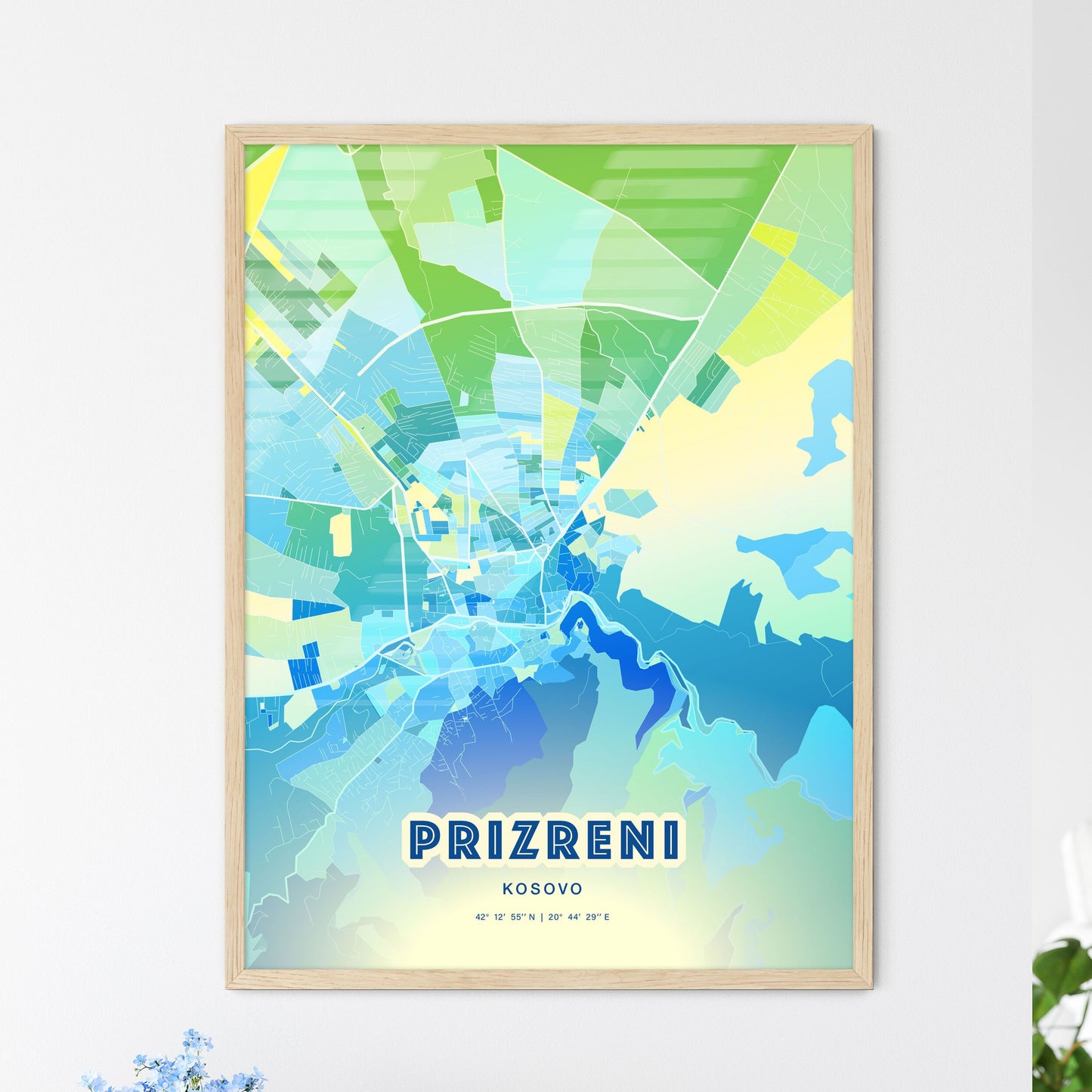 Colorful PRIZRENI / PRIZREN KOSOVO Fine Art Map Cool Blue