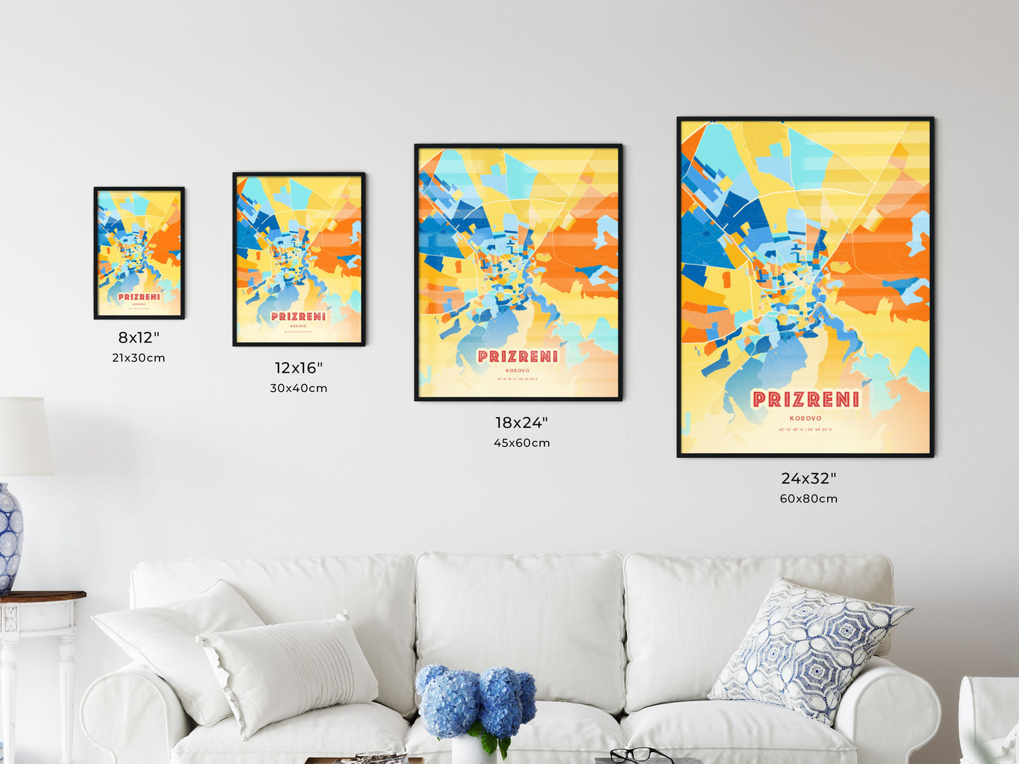 Colorful PRIZRENI / PRIZREN KOSOVO Fine Art Map Blue Orange