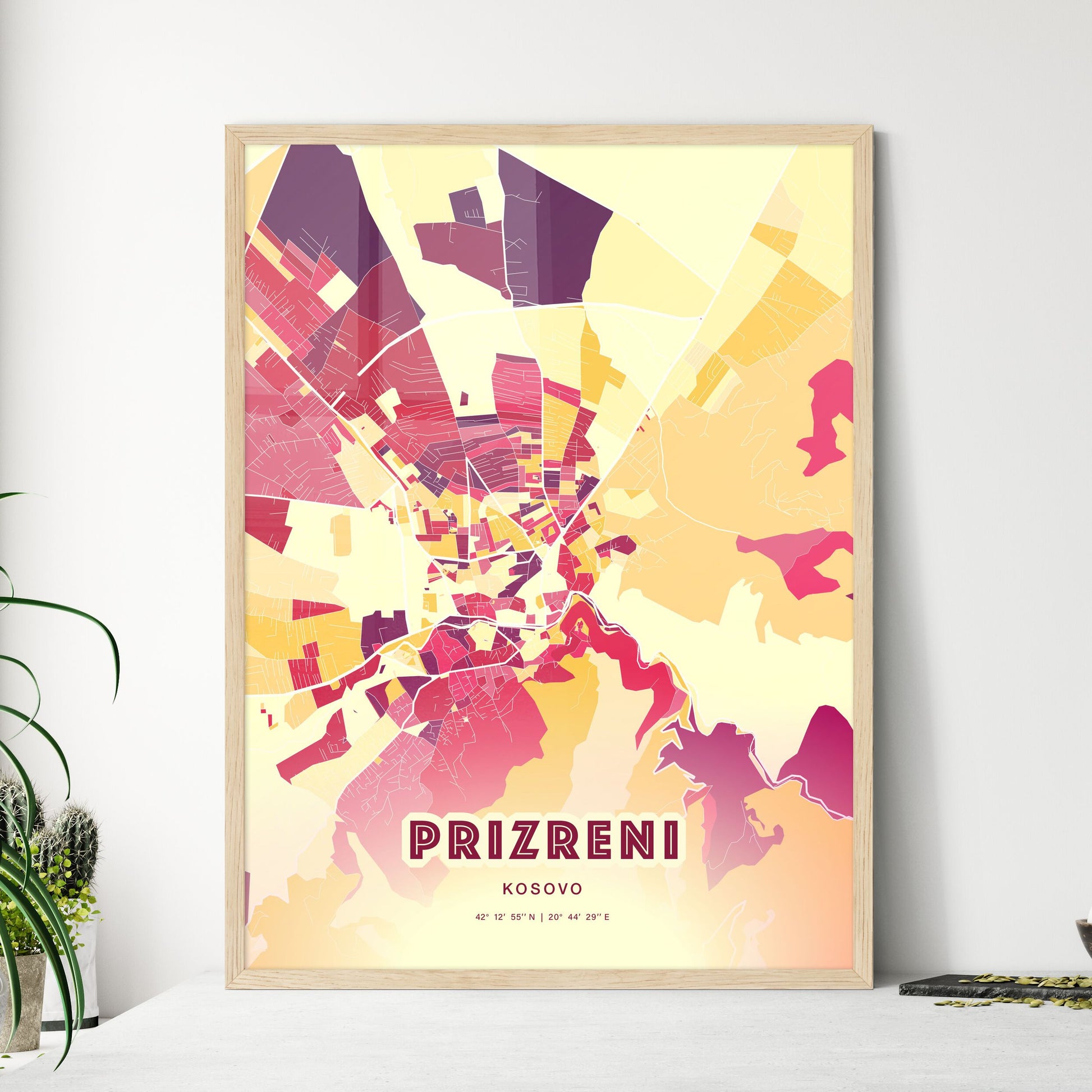 Colorful PRIZRENI / PRIZREN KOSOVO Fine Art Map Hot Red