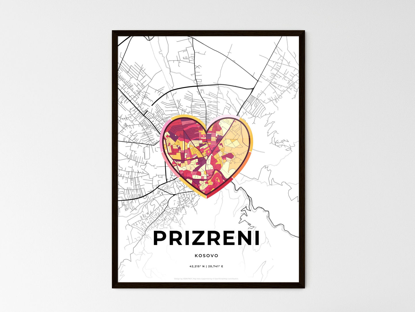 Prizreni / Prizren Kosovo wedding art map with heart icon