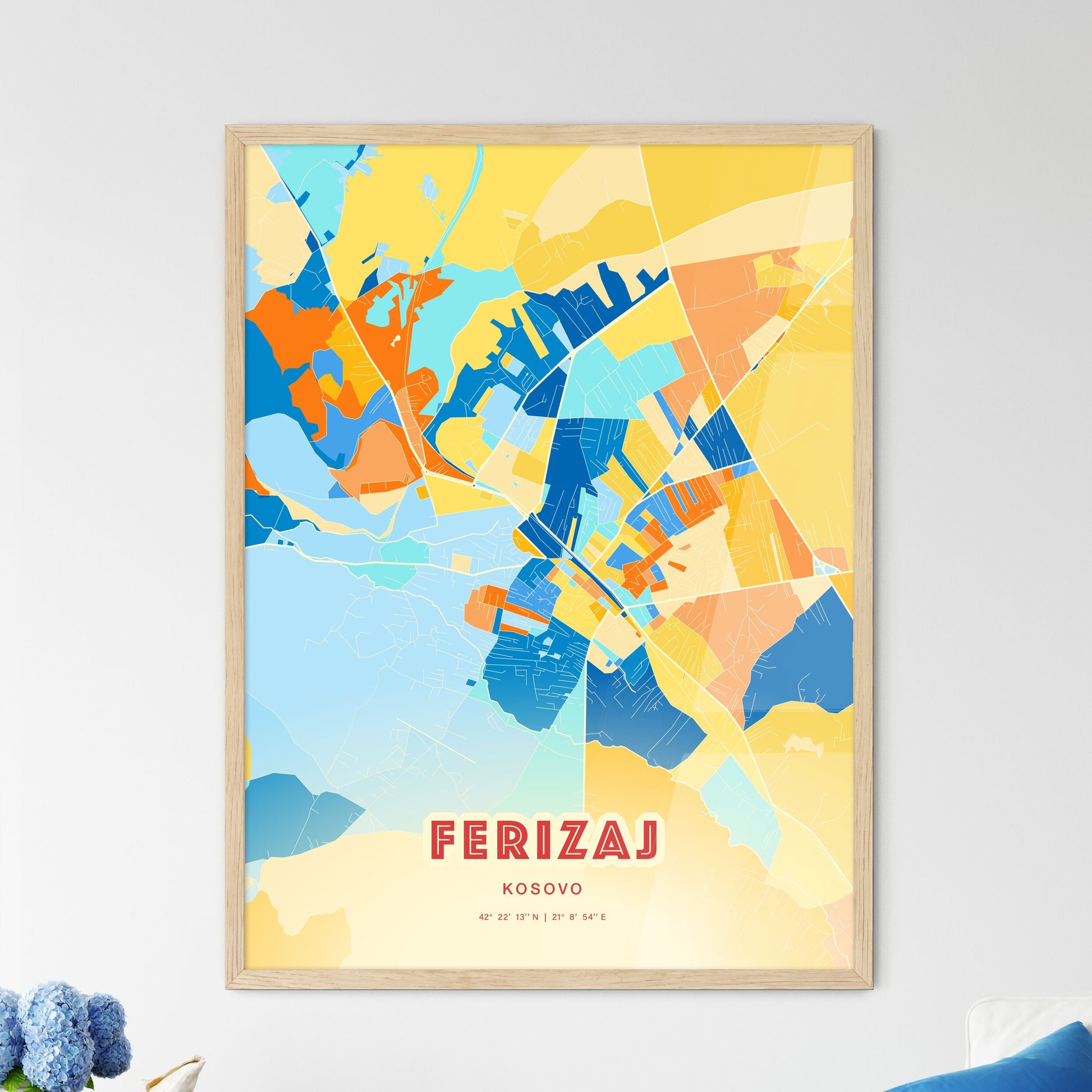 Colorful FERIZAJ / UROŠEVAC KOSOVO Fine Art Map Blue Orange