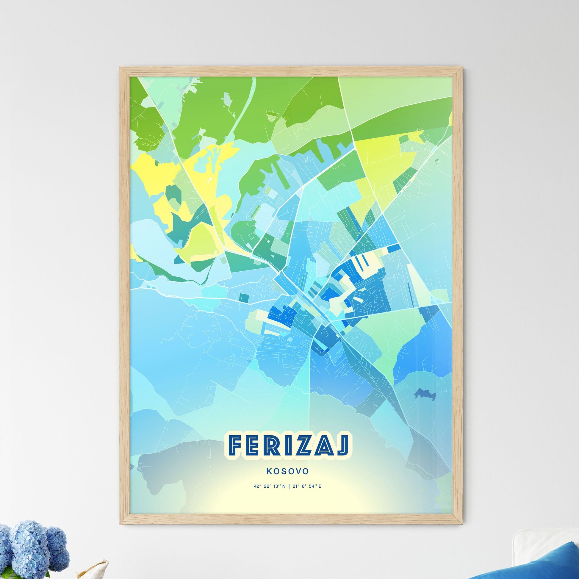 Colorful FERIZAJ / UROŠEVAC KOSOVO Fine Art Map Cool Blue