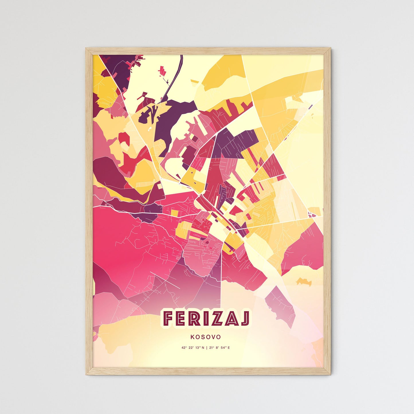 Colorful FERIZAJ / UROŠEVAC KOSOVO Fine Art Map Hot Red