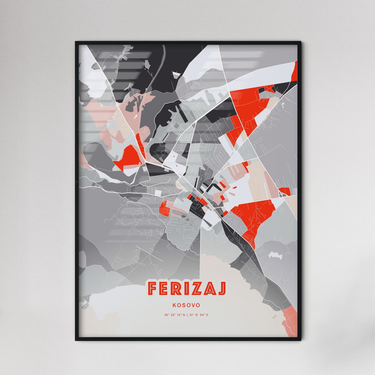 Colorful FERIZAJ / UROŠEVAC KOSOVO Fine Art Map Modern