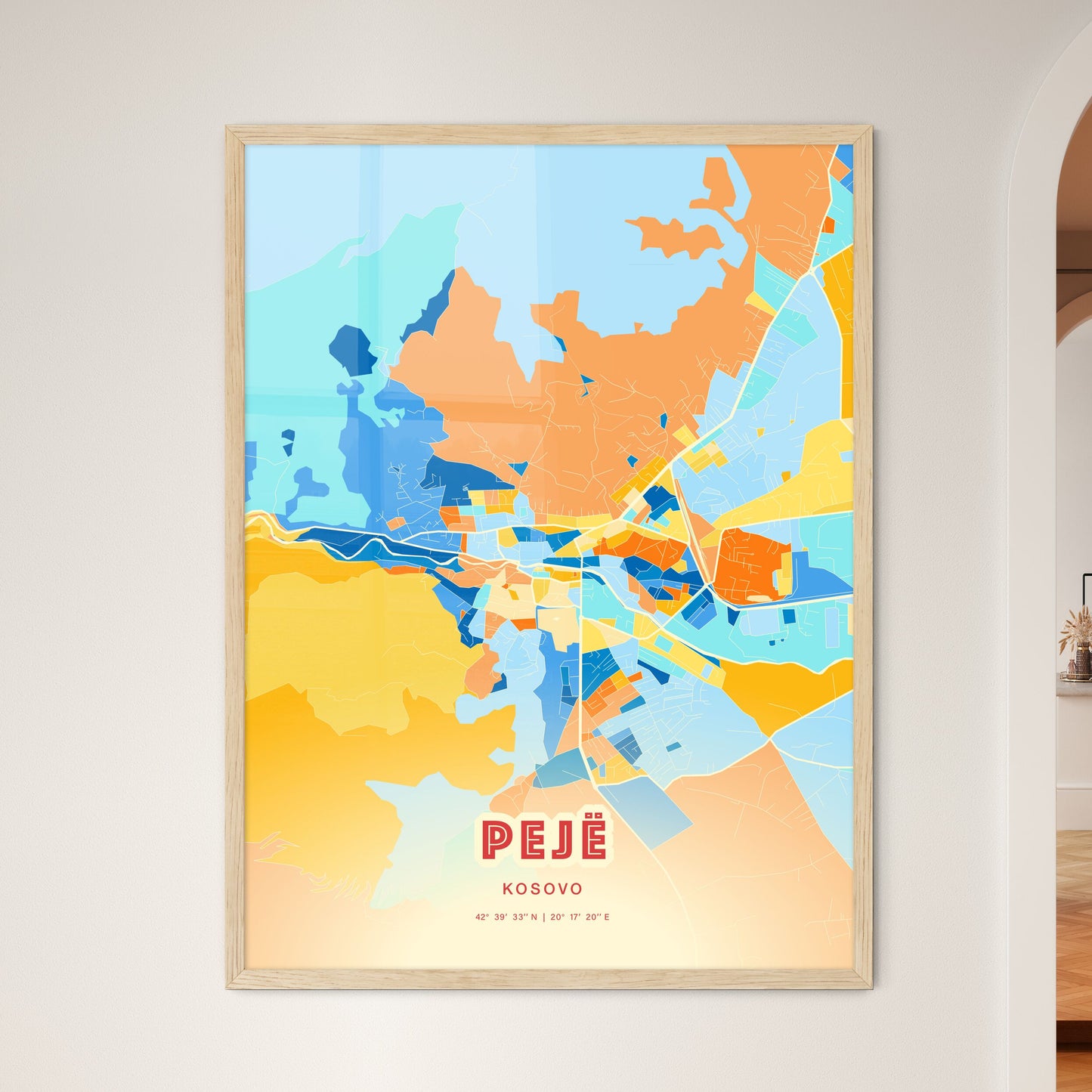 Colorful PEJË / PEĆ KOSOVO Fine Art Map Blue Orange