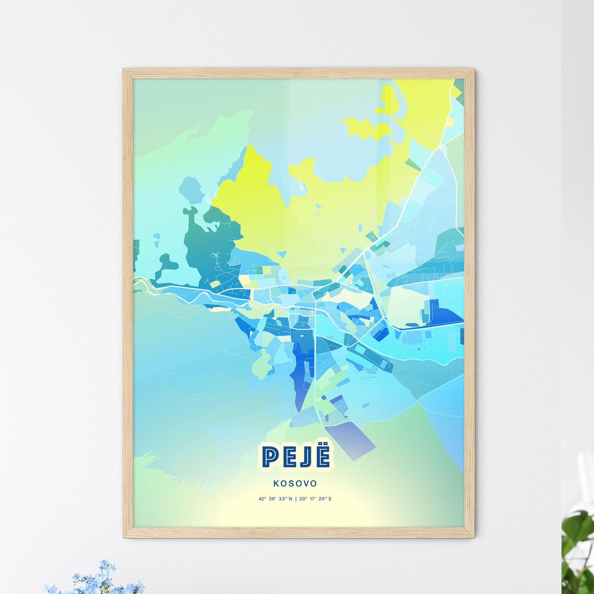 Colorful PEJË / PEĆ KOSOVO Fine Art Map Cool Blue