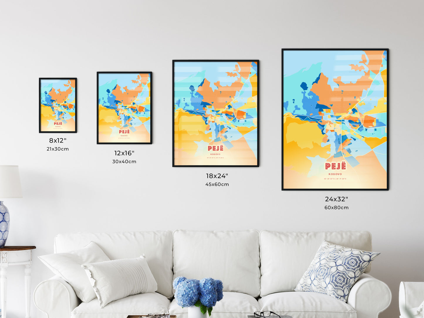 Colorful PEJË / PEĆ KOSOVO Fine Art Map Blue Orange