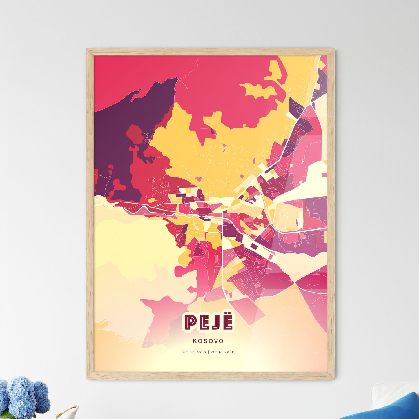 Colorful PEJË / PEĆ KOSOVO Fine Art Map Hot Red