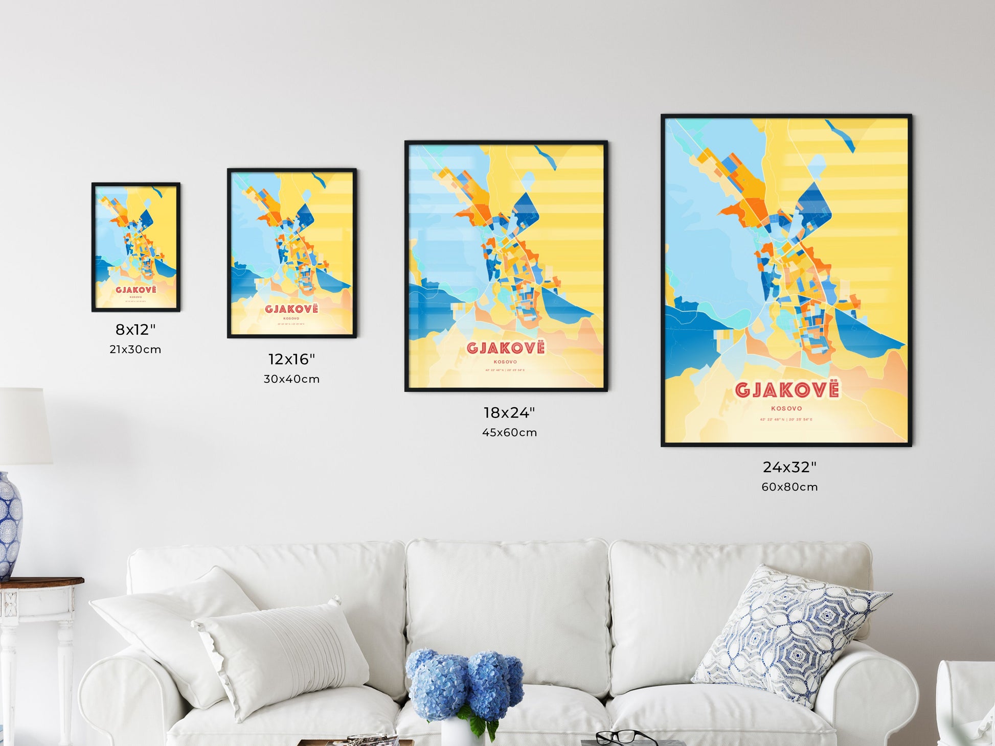 Colorful GJAKOVË / ĐAKOVICA KOSOVO Fine Art Map Blue Orange