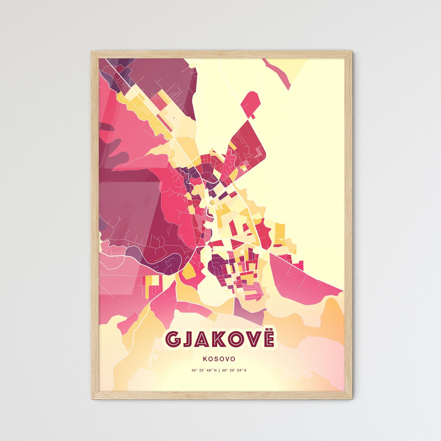 Colorful GJAKOVË / ĐAKOVICA KOSOVO Fine Art Map Hot Red
