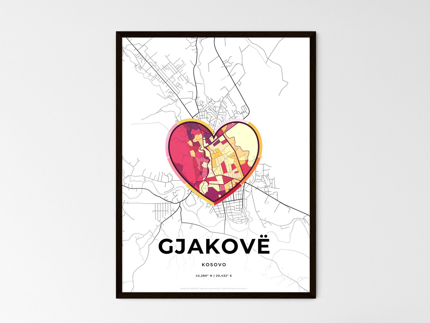 Gjakovë / Đakovica Kosovo wedding art map with heart icon