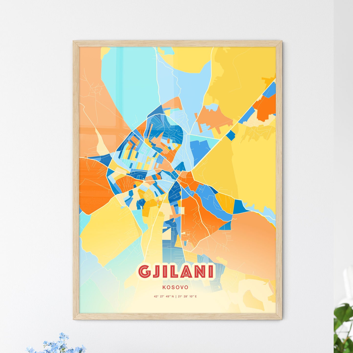 Colorful GJILANI / GNJILANE KOSOVO Fine Art Map Blue Orange
