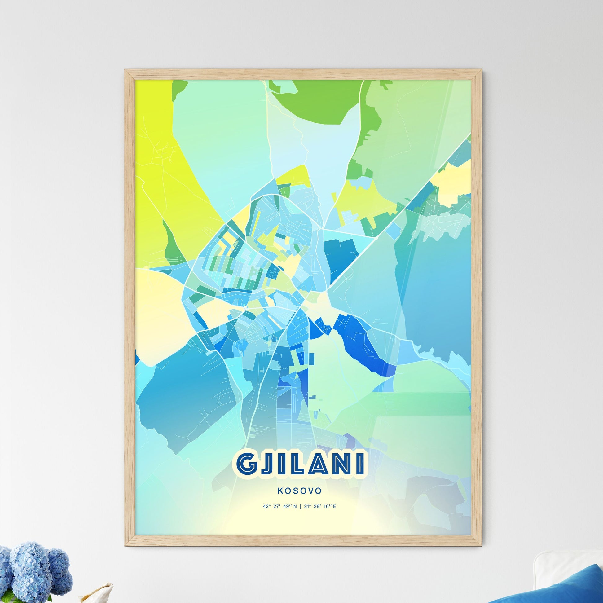 Colorful GJILANI / GNJILANE KOSOVO Fine Art Map Cool Blue